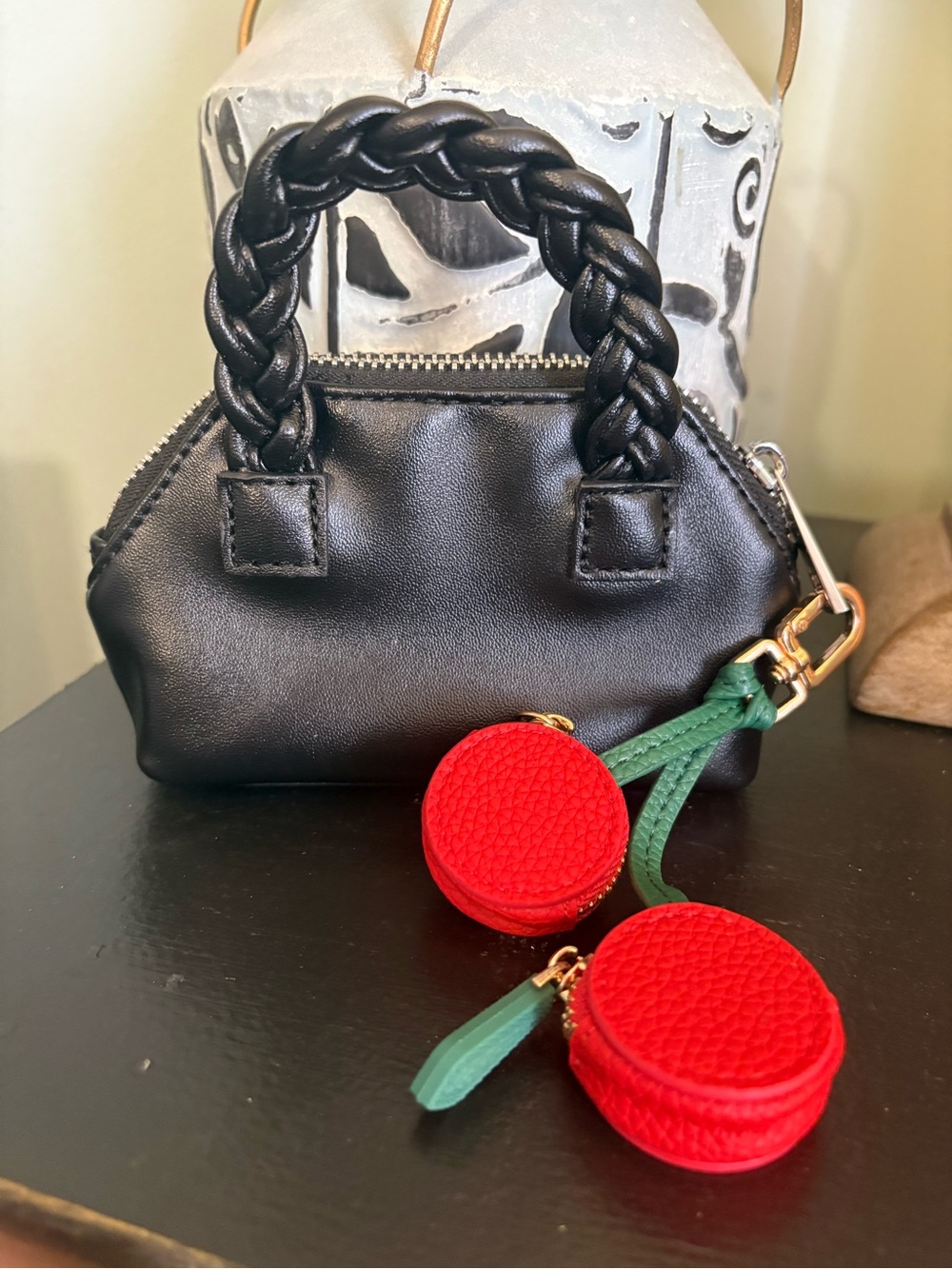 Black Braided Handle Mini coin money pouch with Red Cherry Charm coin pouch